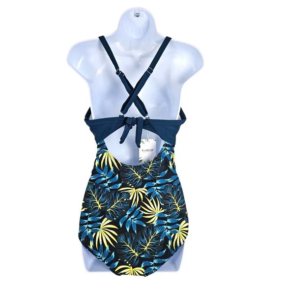Tropical Print Womens Large One-Piece Swimsuit Crisscross Back Straps Cutout - Picture 2 of 7